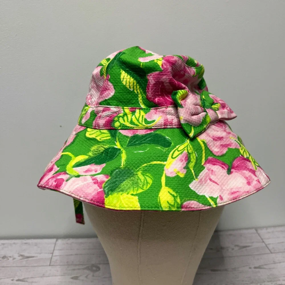 Janie and Jack Girls Pink Green Floral Bow Sun Hat 12-24 Months Cotton